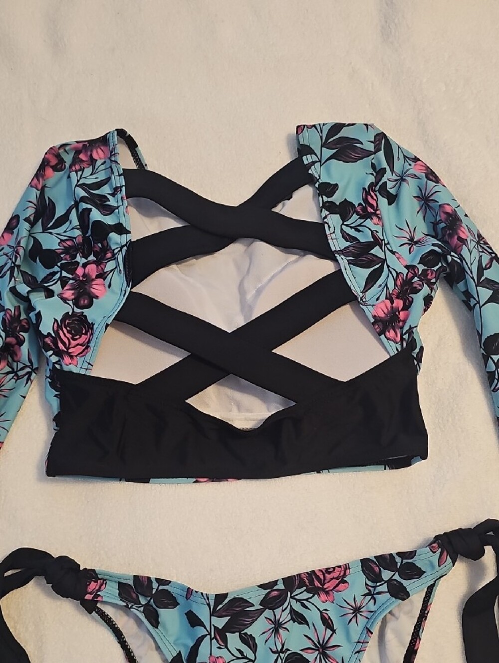 Women’s Floral Long-Sleeve Crop Bikini Set - Blue & Pink - Picture 2 of 2